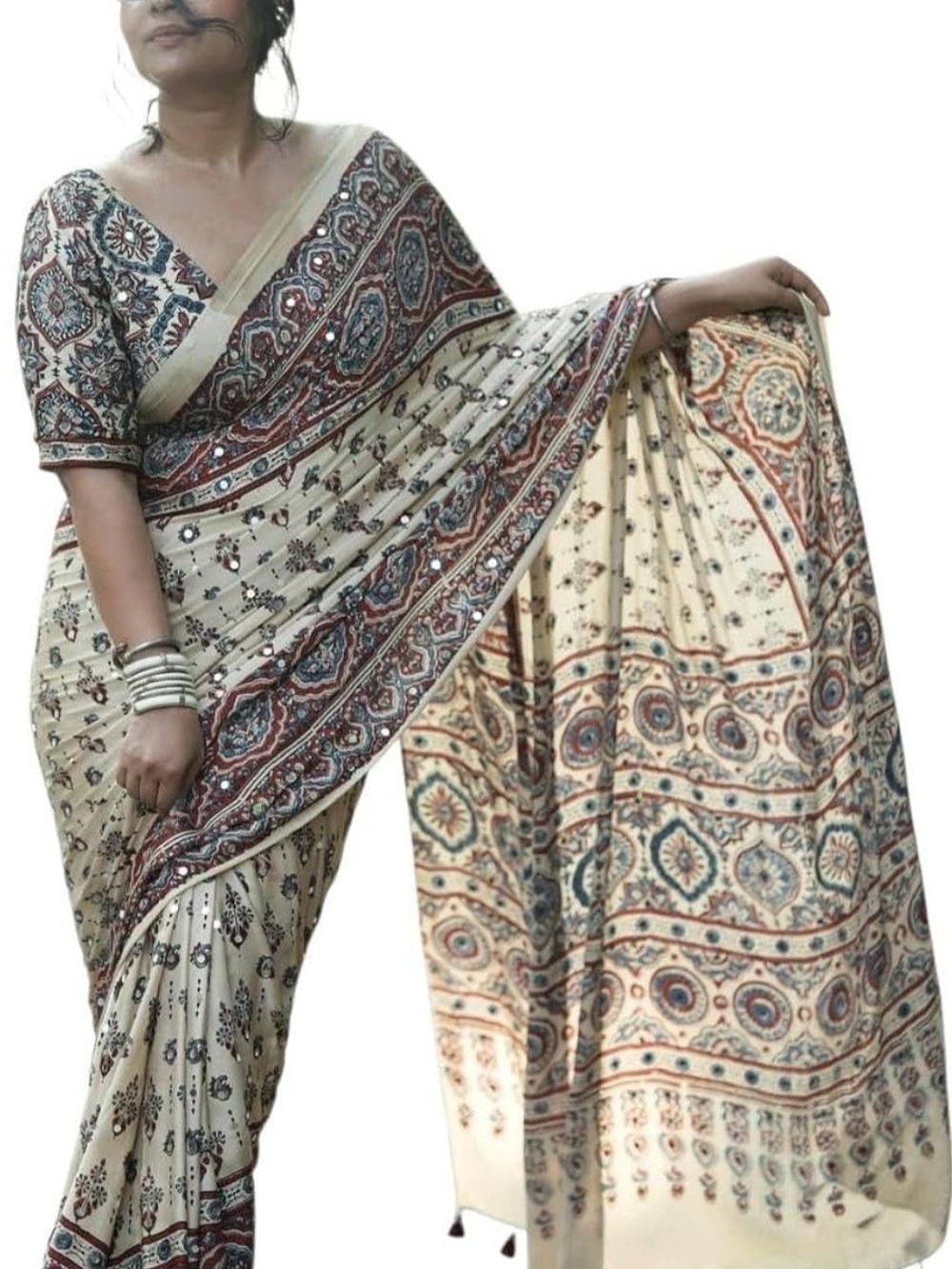 Ajrakh Print Japan Satin Saree with Mirror Work & Latkan - Picture 5 of 17